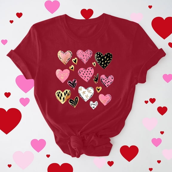 Njagoc3 Womens Pink Heart-Print Womens Short Sleeve T-Shirt - Graphic, Multi-Color, Casual & Valentine's