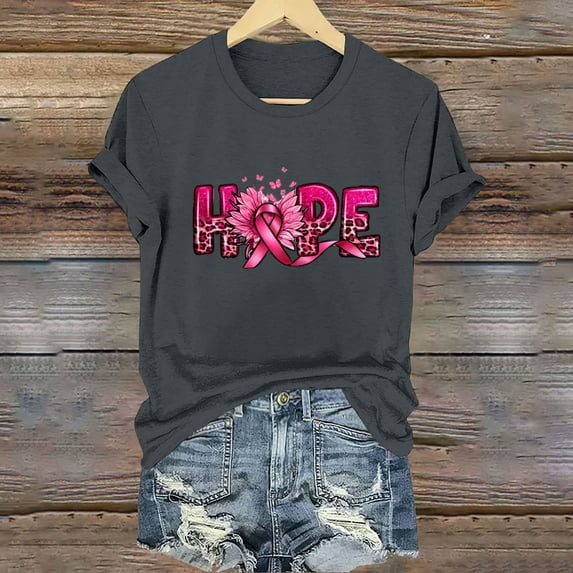 Njagoc3 Womens Pink Ribbon Crewneck Tee Soft Cotton Breast Cancer Awareness Shirt with Hope Bloom Design
