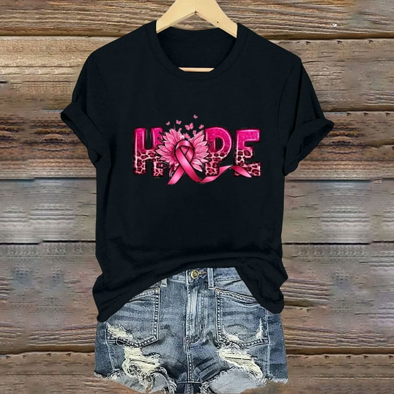 Njagoc3 Womens Pink Ribbon Crewneck Tee Soft Cotton Breast Cancer Awareness Shirt with Hope Bloom Design