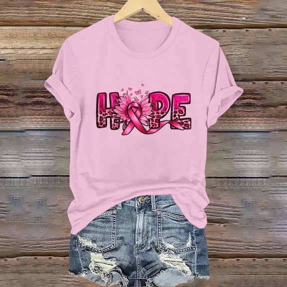 Njagoc3 Womens Pink Ribbon Crewneck Tee Soft Cotton Breast Cancer Awareness Shirt with Hope Bloom Design