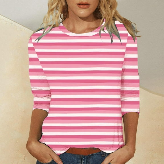 Njagoc3 Womens Pink & White Striped Top, Short Sleeve, Slim Fit, Fresh Spring & Summer Casual Wear, Multiple Colors