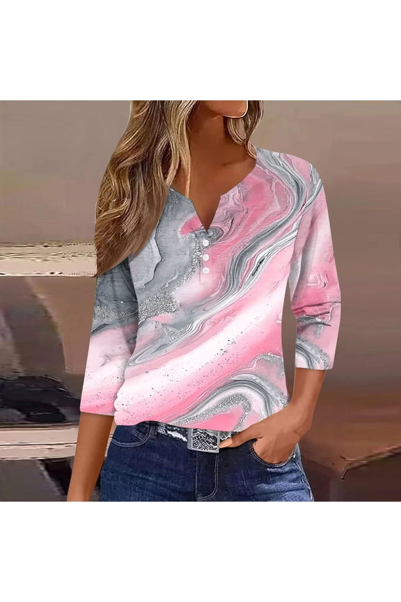 Womens Pink & White Tie - Dye Top, 3/4 Sleeve, Loose Fit, Trendy Spring & Summer Fashion, Gradient Pattern