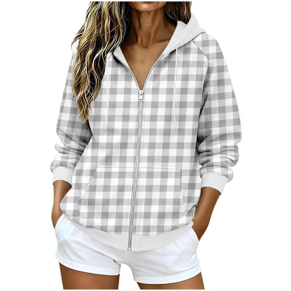 Njagoc3 Womens Plaid Gingham Zip Up Hoodie Drawstring Long Sleeve Loose Fit Fleece Sweatshirt with Pockets Casual Fall Outerwear for Picnic Travel,Gray,S