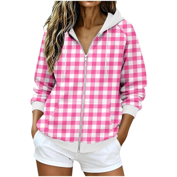 Njagoc3 Womens Plaid Gingham Zip Up Hoodie Drawstring Long Sleeve Loose Fit Fleece Sweatshirt with Pockets Casual Fall Outerwear for Picnic Travel,Pink,XXL
