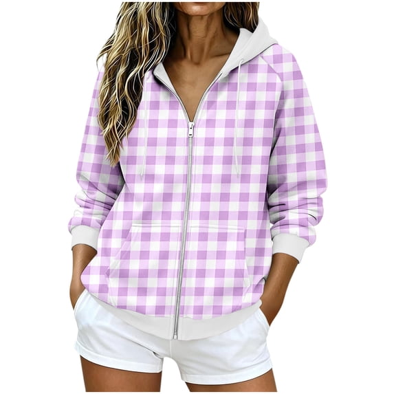 Njagoc3 Womens Plaid Gingham Zip Up Hoodie Drawstring Long Sleeve Loose Fit Fleece Sweatshirt with Pockets Casual Fall Outerwear for Picnic Travel,Purple,XXXL