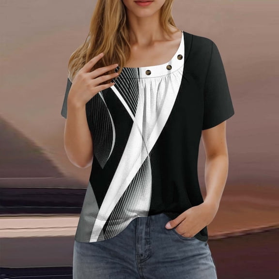 Njagoc3 Womens Pleated Square Neck Black and White Short Sleeved T-shirt Top