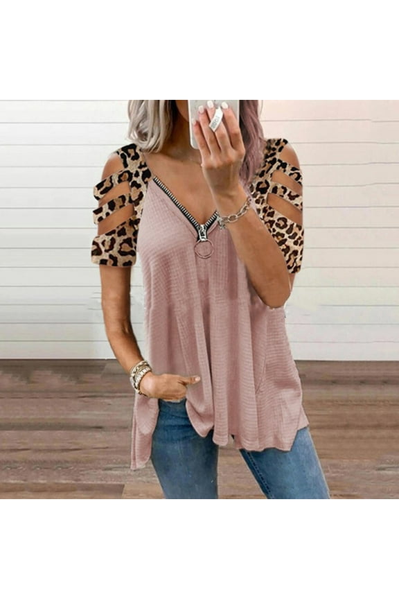 Womens Plunging V-Neck Zipper Off-The-Shoulder Short Sleeve Top with Leopard Print