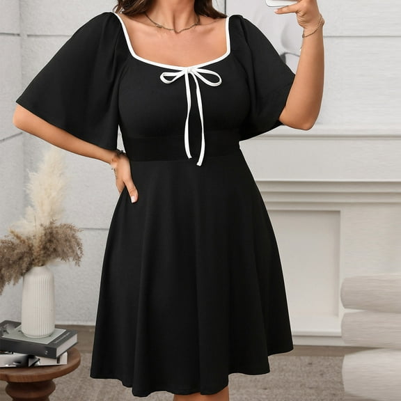 Njagoc3 Womens Plus Size Loose Fit Solid Short Sleeve Square Neck Bow Tie Sash Pleated Dress 2025