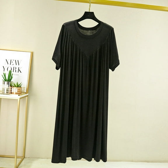 Njagoc3 Womens Plus Size Solid Color Pleated Nightgown Long Sleep Dress Soft Breathable Lounge Dress for Home