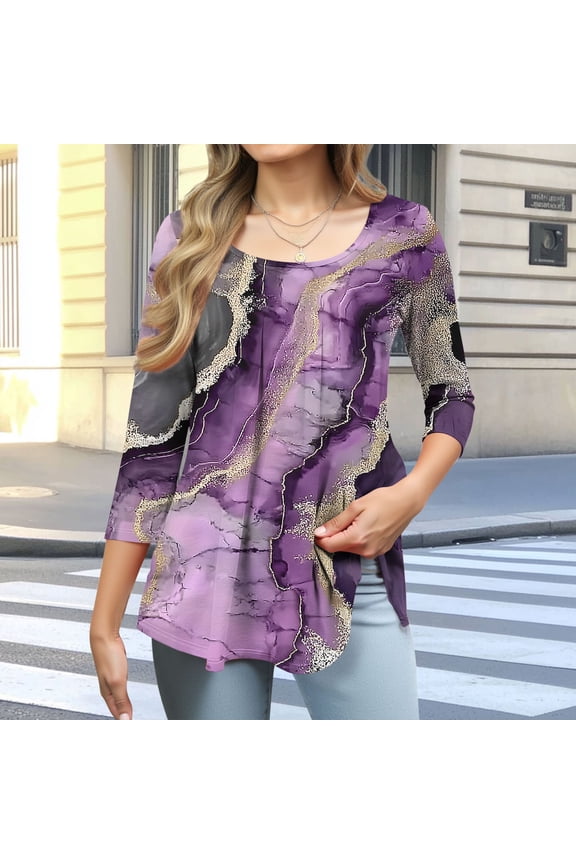 Womens Polka Dot Print Square-Neck Tee, Soft Rayon, 3/4 Sleeves, Summer Picnics, Casual Errands & Fall Layering