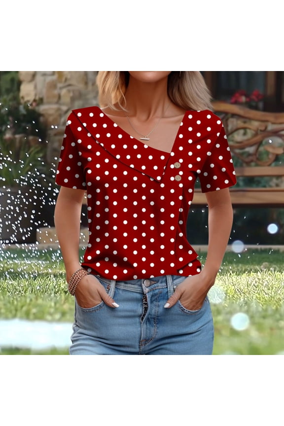 Womens Polka Dot V-Neck Blouse - Summer Statement Top with Red Base & White Dots | Lightweight Chiffon, Elasticized Cuffs | Festive Ready for Night Out/Date