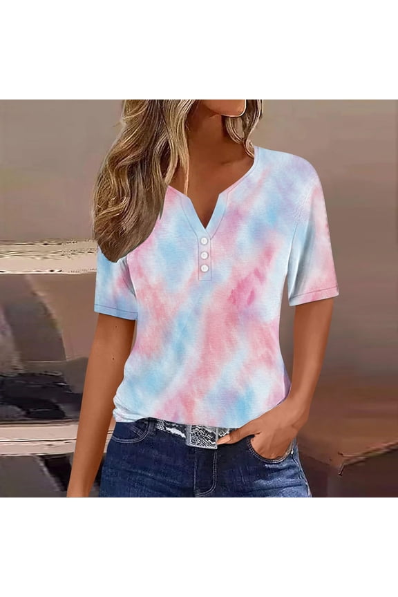 Womens Print Short Sleeve V-Neck Button Detail Loose Fit Gradient Tie-Dye Dyed-Position T-Shirt