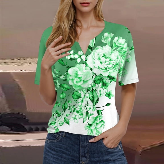 Njagoc3 Womens Printed Short Sleeve V-Neck Blouse Casual Relaxed Fit T-Shirt
