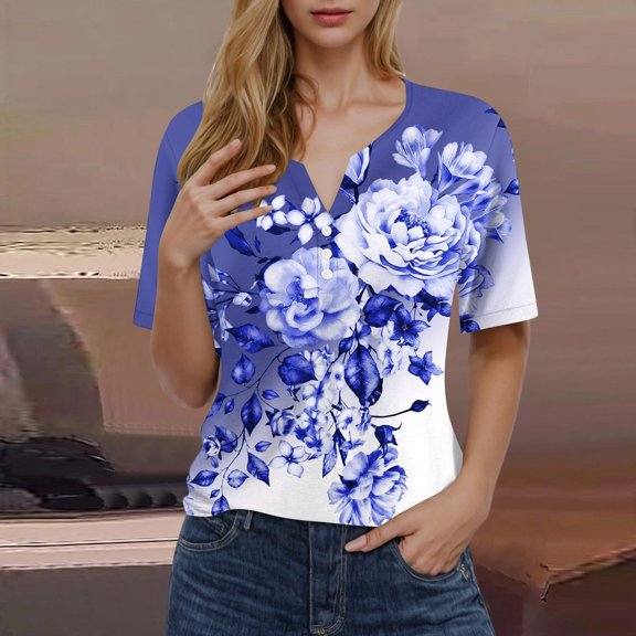 Njagoc3 Womens Printed Short Sleeve V-Neck Blouse Casual Relaxed Fit T-Shirt