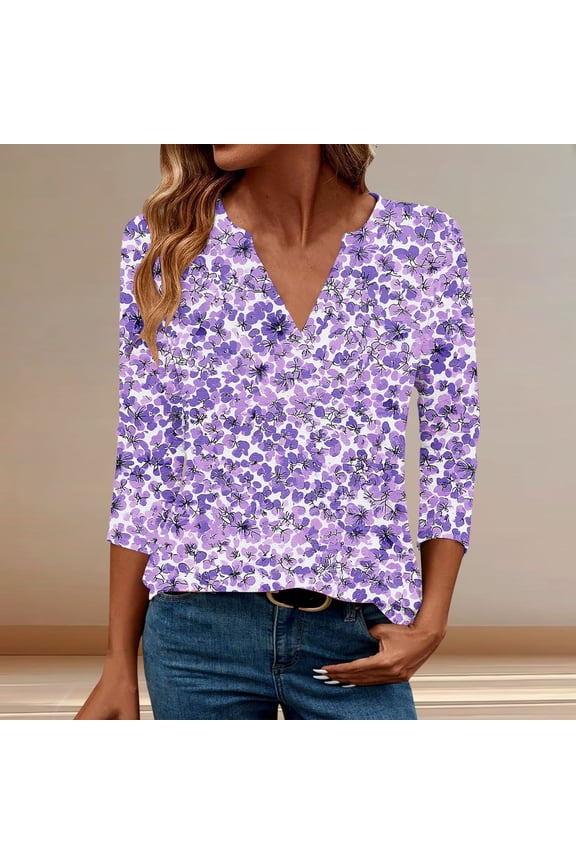 Womens Purple Floral Print V - Neck Top, 3/4 Sleeve, Loose Fit, Romantic Spring & Summer Date Night Wear