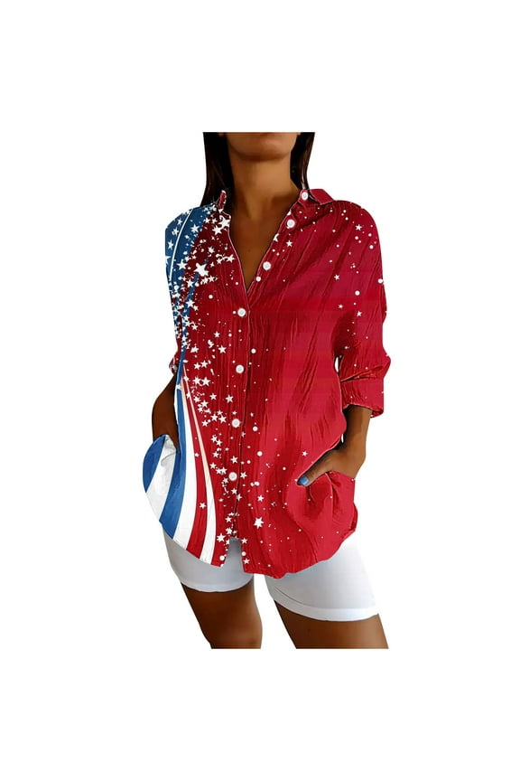 Womens Red/White/Blue Flag Print Shirt, Button-Down, Long Sleeve, 4th of July Summer & Fall Top