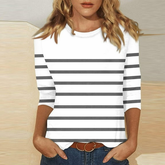 Njagoc3 Womens Red & White Striped 3/4 Sleeve Top, Slim Fit, Stretchy Fabric, Casual Summer Workout & Streetwear