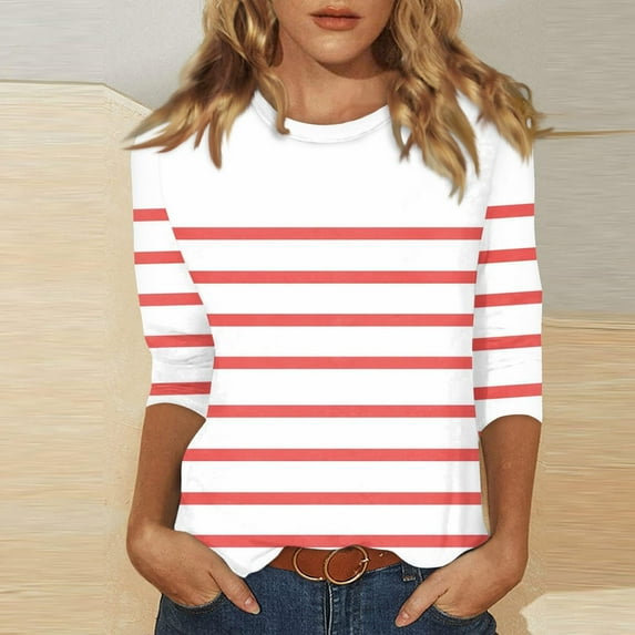 Njagoc3 Womens Red & White Striped Crew-Neck Top, Soft Cotton Blend, 3/4 Sleeves, Summer Office Casual, Coffee Runs & Weekend Gatherings