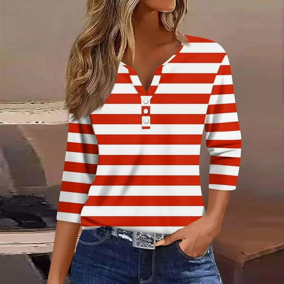 Njagoc3 Womens Red & White Striped Top, 3/4 Sleeve, Slim Fit, Casual Summer & Spring Top