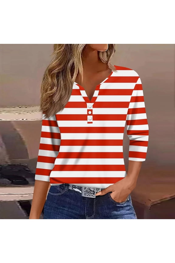 Womens Red & White Striped Top, 3/4 Sleeve, Slim Fit, Casual Summer & Spring Top