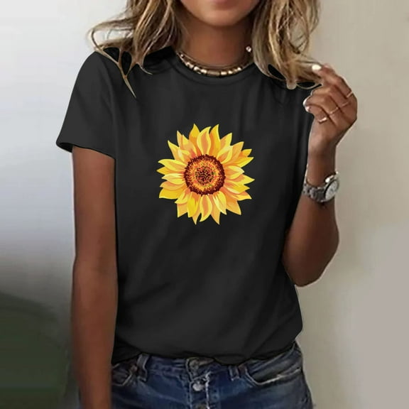 Njagoc3 Womens Regular Fit Crewneck Short Sleeve Sunflower Print Lightweight Cotton Casual Summer Top for Daily Comfort