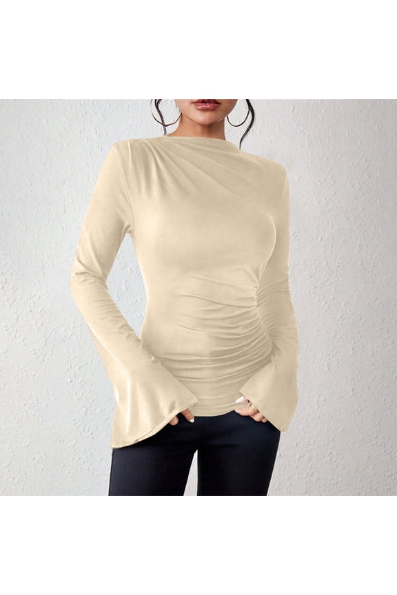 Womens Ruched Turtleneck Top, Soft Polyester Blend, Long Sleeves, Fall Layering, Office Casual & Weekend Gatherings