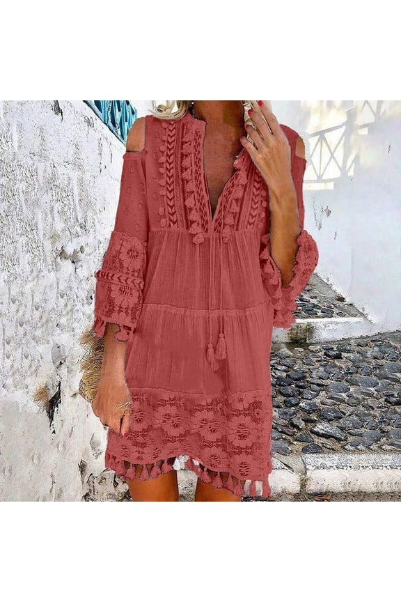 Womens Short Sleeve Crochet Midi Dress, V - Neck, Summer Beach & Vacation Wear, Boho Fit