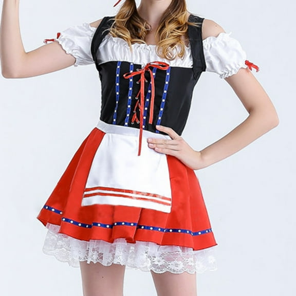 Njagoc3 Womens Short Sleeve Dirndl Dress, Embroidered Bodice, Traditional Oktoberfest Folk Costume Dress