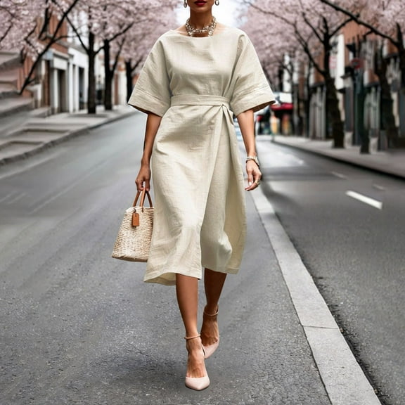 Njagoc3 Womens Short Sleeve Loose Fit Dress with Belt - Round Neck, Lightweight Material, Summer Casual