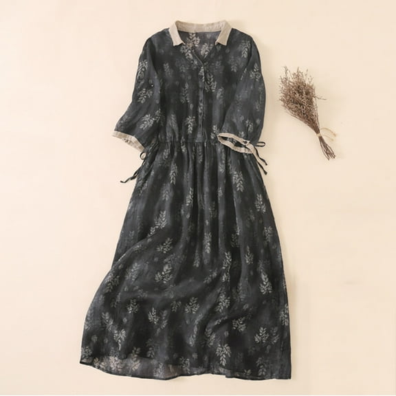 Njagoc3 Womens Short Sleeve Printed Linen Maxi Dress, Floral, Casual Garden Party & Brunch Outfit