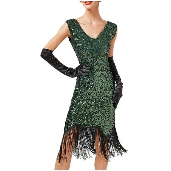 Njagoc3 Womens Short Sleeve Sequin Fringe Flapper Dress, Vintage 1920s Party & Gatsby Costume