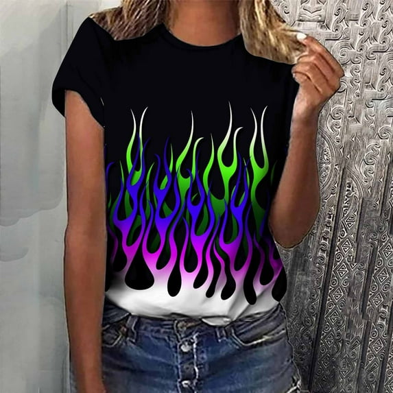 Njagoc3 Womens Short Sleeve Shirt Round Neck Loose Fit T-shirt Artistic Fire Pattern Print Lightweight Breathable Everyday Basic Top