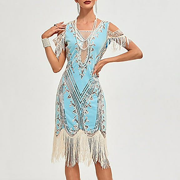 Njagoc3 Womens Short Sleeve Square Neck Fringe Dress, Roaring 20s Gatsby & Speakeasy Costume