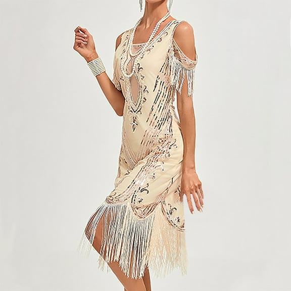 Njagoc3 Womens Short Sleeve Square Neck Fringe Dress, Roaring 20s Gatsby & Speakeasy Costume