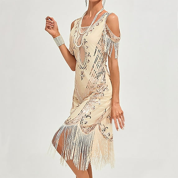 Njagoc3 Womens Short Sleeve Square Neck Fringe Dress, Roaring 20s Gatsby & Speakeasy Costume