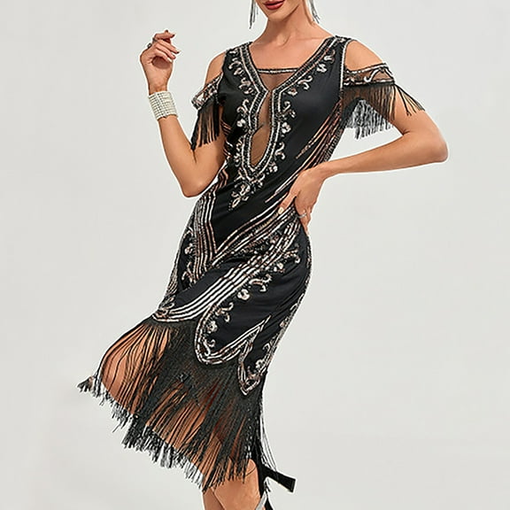 Njagoc3 Womens Short Sleeve Square Neck Fringe Dress, Roaring 20s Gatsby & Speakeasy Costume