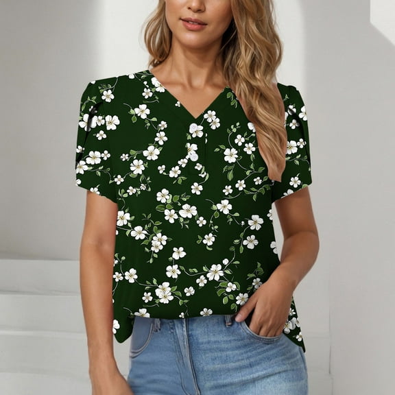 Njagoc3 Womens Short Sleeve V-Neck Daisy Print Blouse - Summer Loose Fit Casual Top (Green Daisy)
