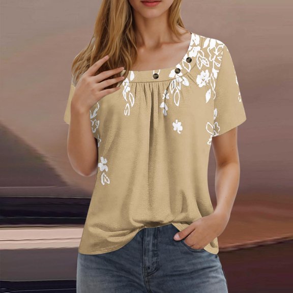 Njagoc3 Womens Short Sleeved with Checkered Printed Button Pleated Top