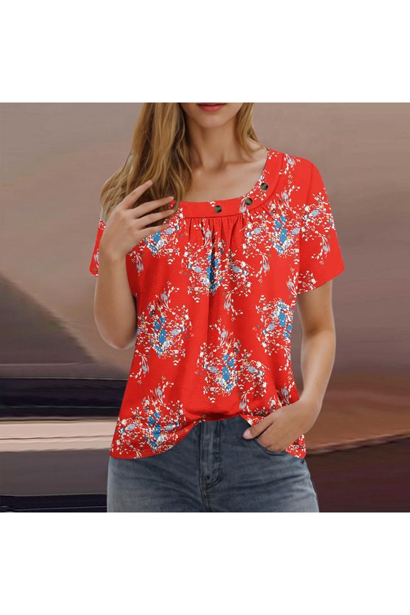 Womens Short Sleeved with Checkered Printed Button Pleated Top