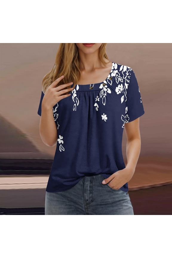 Womens Short Sleeved with Checkered Printed Button Pleated Top