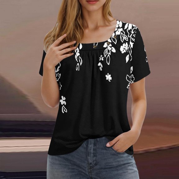 Njagoc3 Womens Short Sleeved with Checkered Printed Button Pleated Top