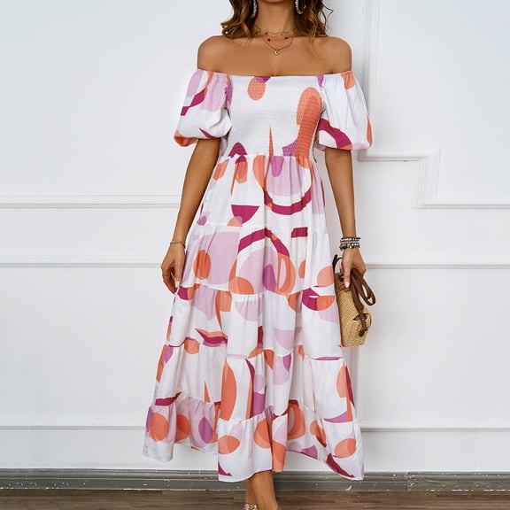 Njagoc3 Womens Off - Shoulder Tiered Maxi Dress, Lightweight Polyester Blend, Boho Fit for Summer Music Festivals, Beach Vacations & Bohemian Getaways