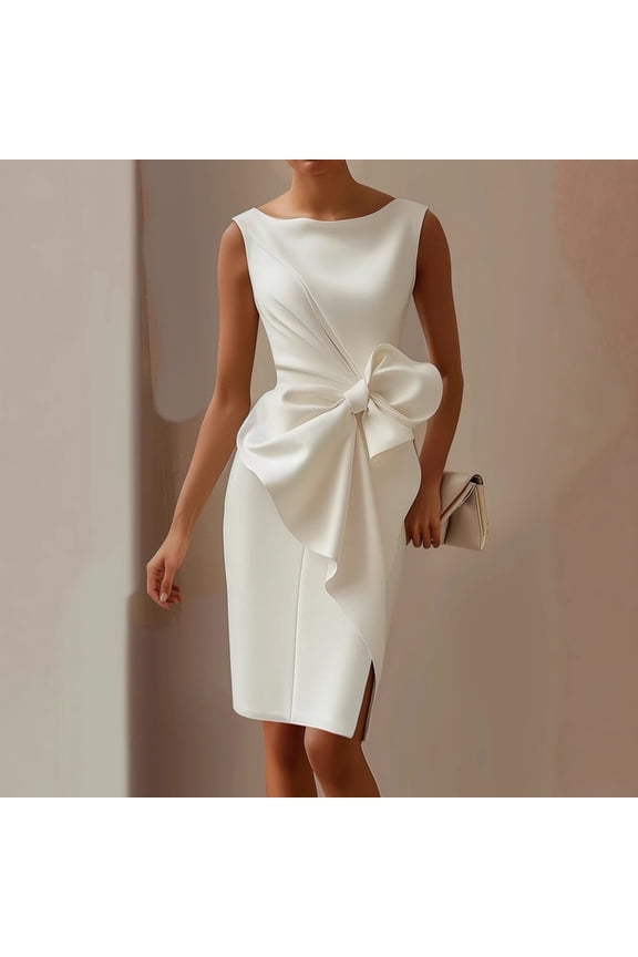 Womens Sleeveless Bow - Accent Sheath Dress, Satin - Like Finish, Slim Fit for Summer Evening Galas, Wedding Receptions & Elegant Date Nights