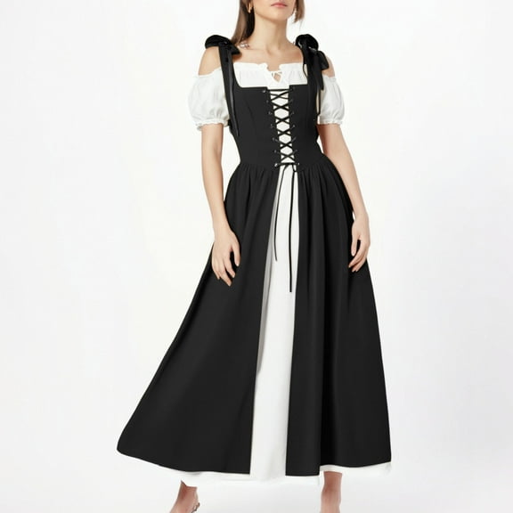 Njagoc3 Womens Sleeveless Dirndl Maxi Dress, Contrast Color, Cultural Event & Formal Wear, Elegant Fit