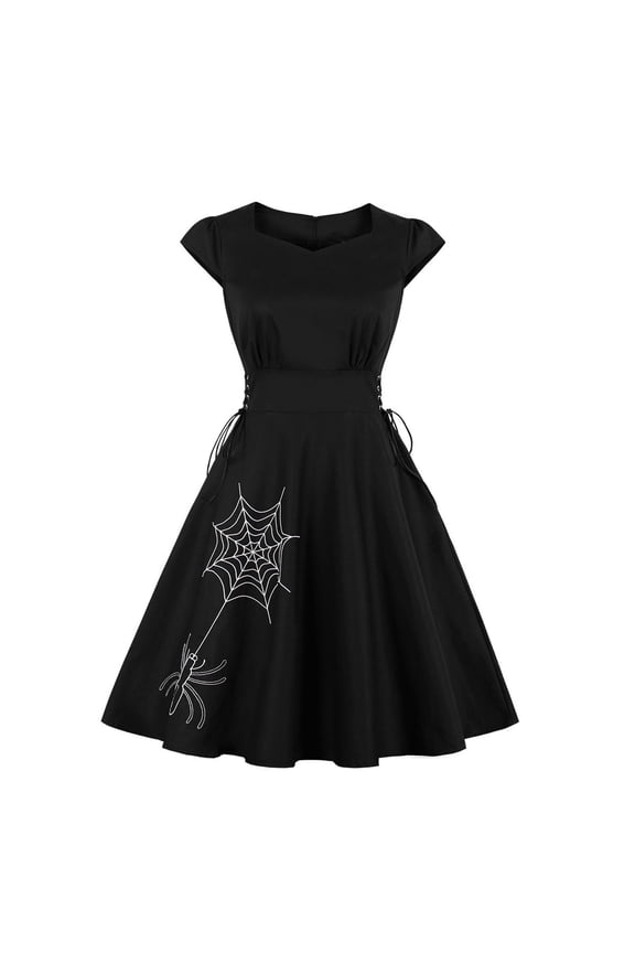 Womens Sleeveless Embroidered Dress, Fit & Flare, Gothic & Casual Wear, Dramatic Fit