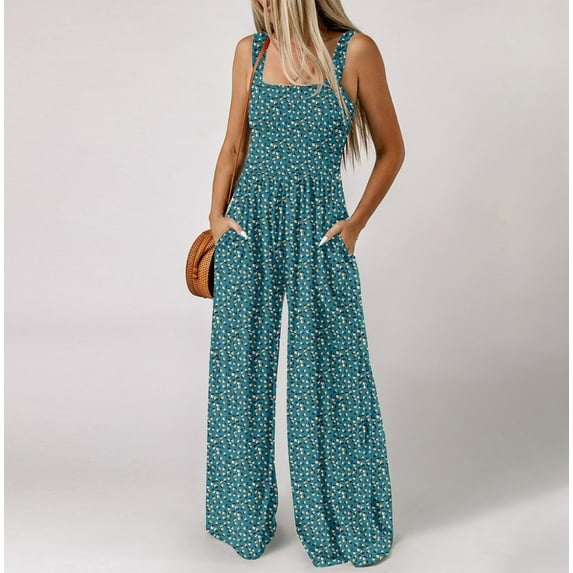 Njagoc3 Womens Sleeveless Floral Jumpsuit with Elastic Waist Pockets Wide Leg Casual Elegant Summer Everyday Wear