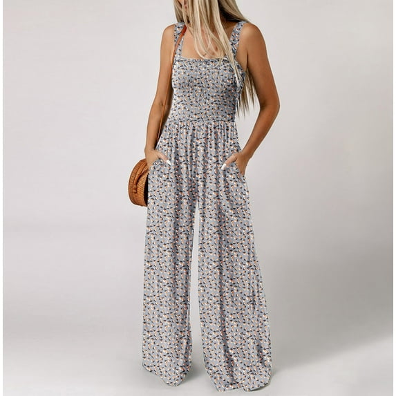 Njagoc3 Womens Sleeveless Floral Jumpsuit with Elastic Waist Pockets Wide Leg Casual Elegant Summer Everyday Wear