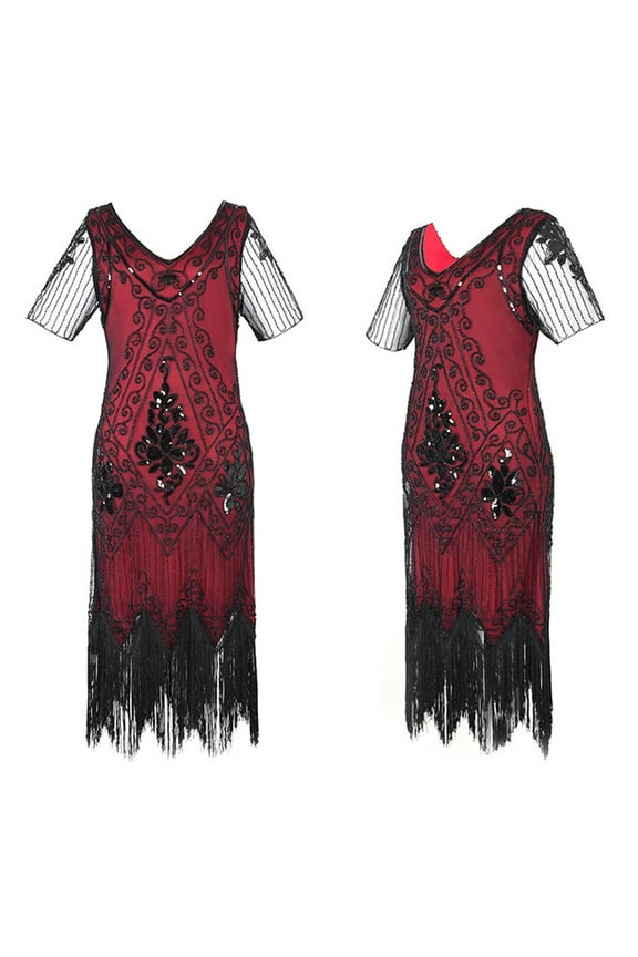 Womens Sleeveless Fringe Trim Flapper Dress, 1920s Style Party Gown, Roaring Twenties & Costume Wear