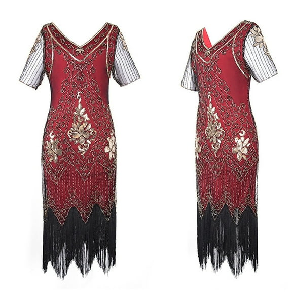 Njagoc3 Womens Sleeveless Fringe Trim Flapper Dress, 1920s Style Party Gown, Roaring Twenties & Costume Wear