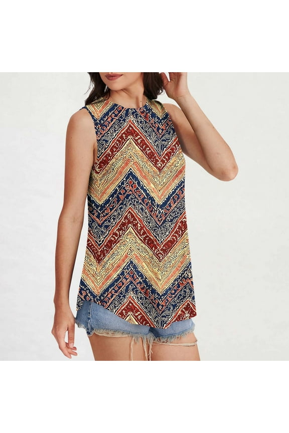 Womens Sleeveless Round - Neck Geometric - Wave Print Cami Top - Trendy for Summer Streetwear
